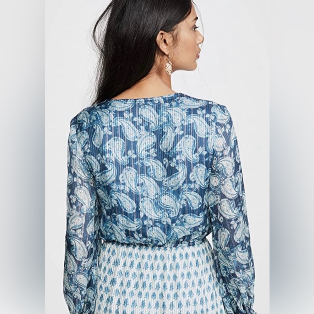 Hemant & Nandita  Dress Size L Kaiyo Long Sleeve Blue Silver Metallic Wrap Mini - Picture 13 of 15